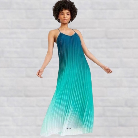 Barr III Adjustable Spaghetti Strap Yellow Pleated Ombré Maxi Dress XXS - Picture 2 of 6